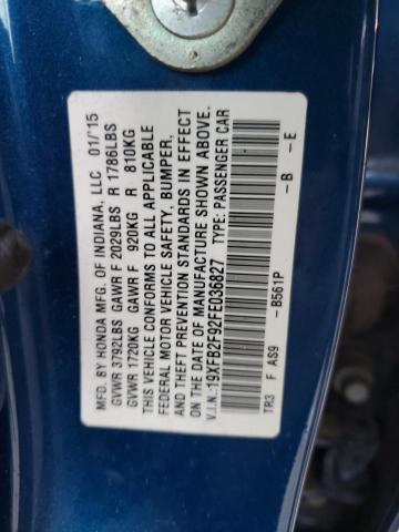 19XFB2F92FE036827 - 2015 HONDA CIVIC EXL ლურჯი ფოტო 12