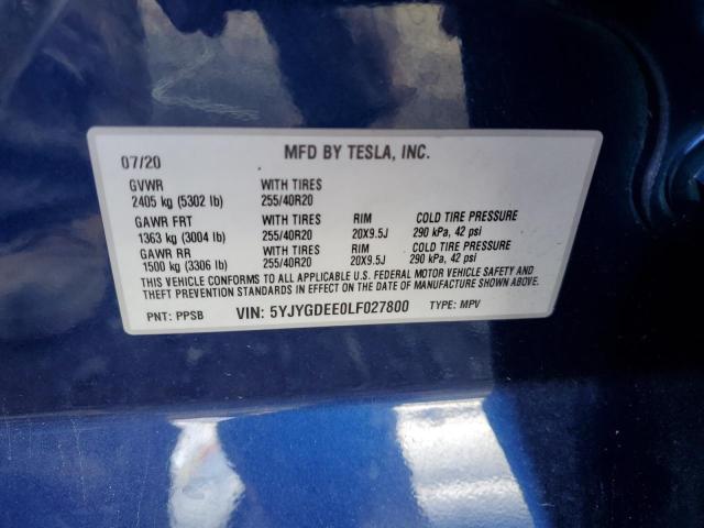 5YJYGDEE0LF027800 - 2020 TESLA MODEL Y ლურჯი ფოტო 12