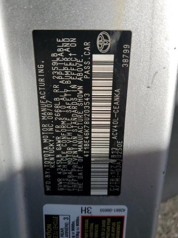 4T1BE46K78U203543 - 2008 TOYOTA CAMRY CE ვერცხლისფერი ფოტო 13
