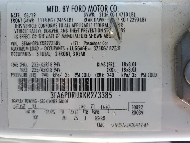 3FA6P0RUXKR273385 - 2019 FORD FUSION TITANIUM WHITE photo 13