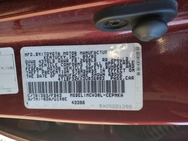 4T1BF32KX3U036083 - 2003 TOYOTA CAMRY LE BURGUNDY photo 12