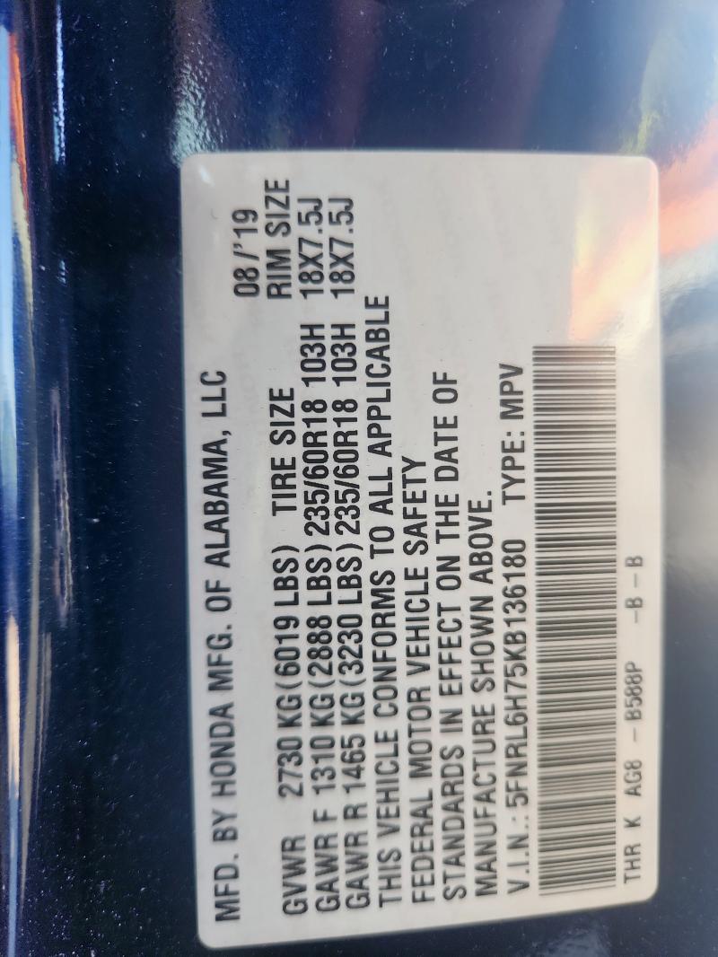 5FNRL6H75KB136180 - 2019 HOND ODYSSEY EXL Синій фото 14