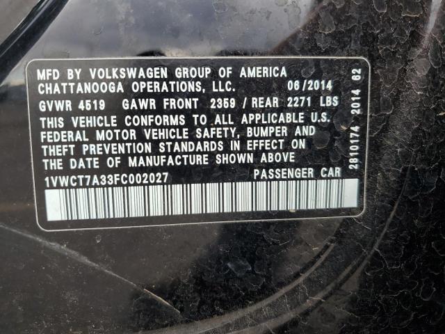 1VWCT7A33FC002027 - 2015 VOLKSWAGEN PASSAT SEL BLACK photo 12