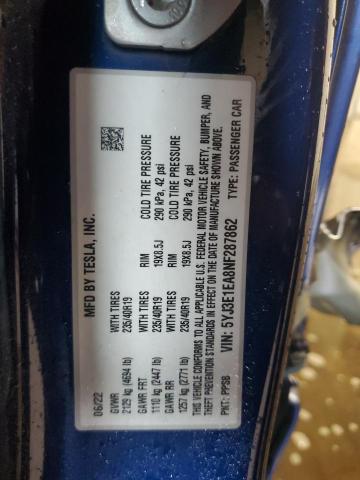 5YJ3E1EA8NF287862 - 2022 TESLA MODEL 3 蓝色 照片 13