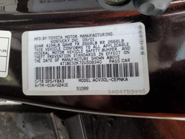 4T1BE32K72U508340 - 2002 TOYOTA CAMRY LE PURPLE photo 12