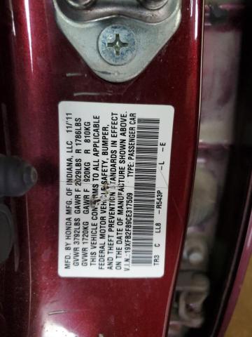 19XFB2F89CE317509 - 2012 HONDA CIVIC EX RED photo 12