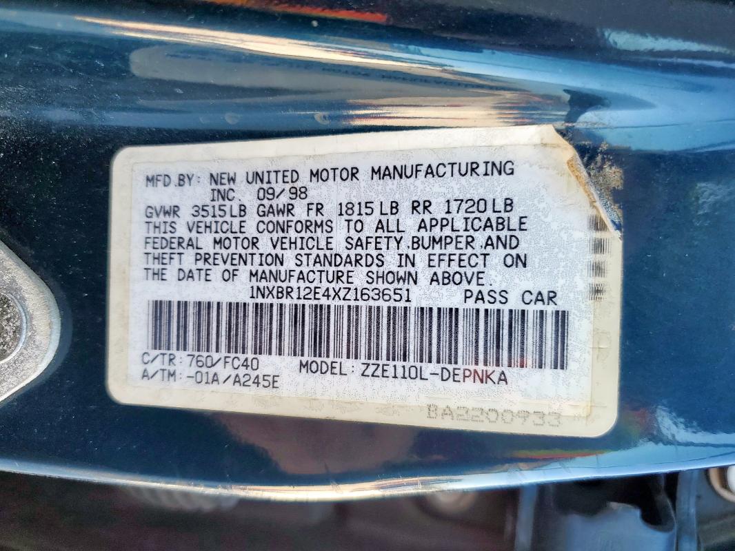 1NXBR12E4XZ163651 - 1999 TOYOTA COROLLA VE TEAL photo 12