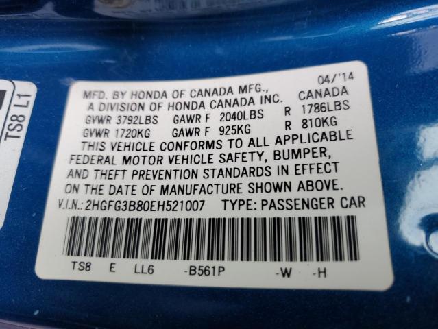 2HGFG3B80EH521007 - 2014 HONDA CIVIC EX BLUE photo 12