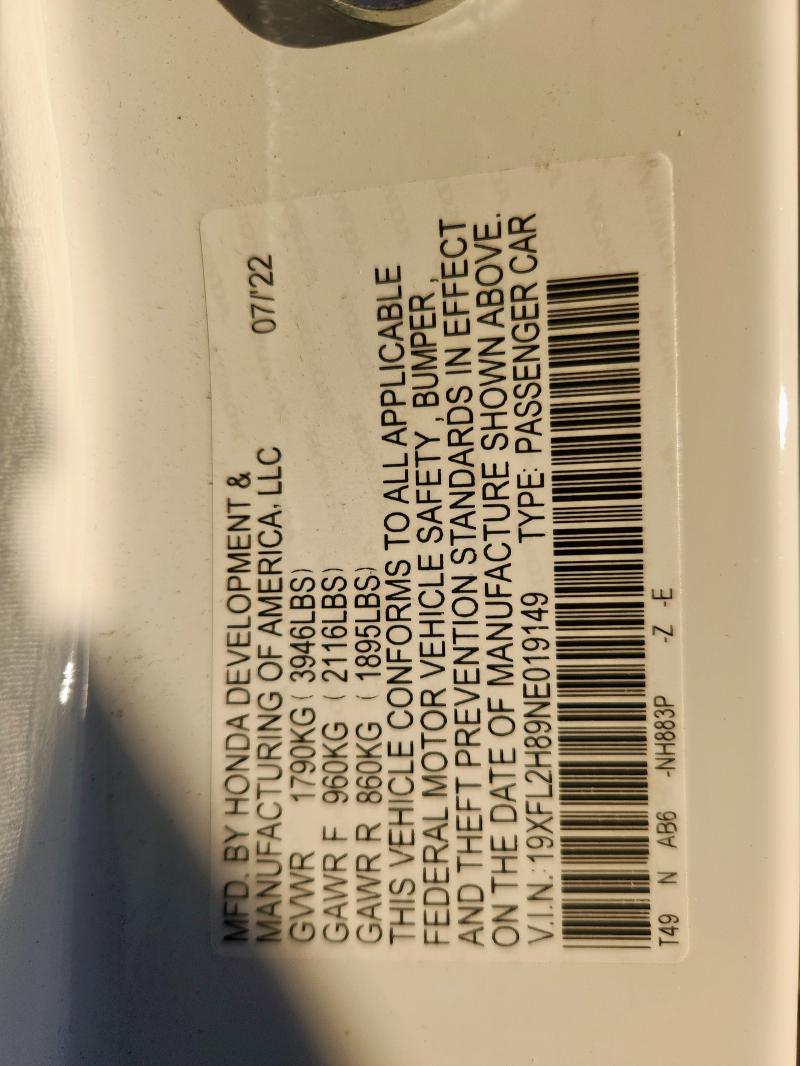 19XFL2H89NE019149 - 2022 HONDA CIVIC SPORT WHITE photo 13