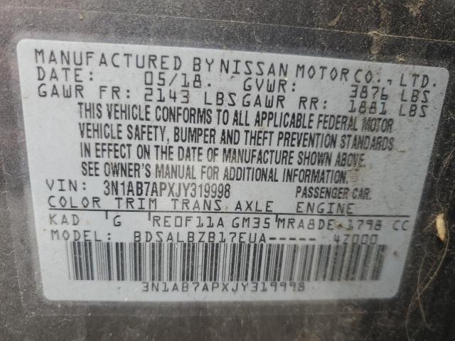 3N1AB7APXJY319998 - 2018 NISSAN SENTRA S GRAY photo 13
