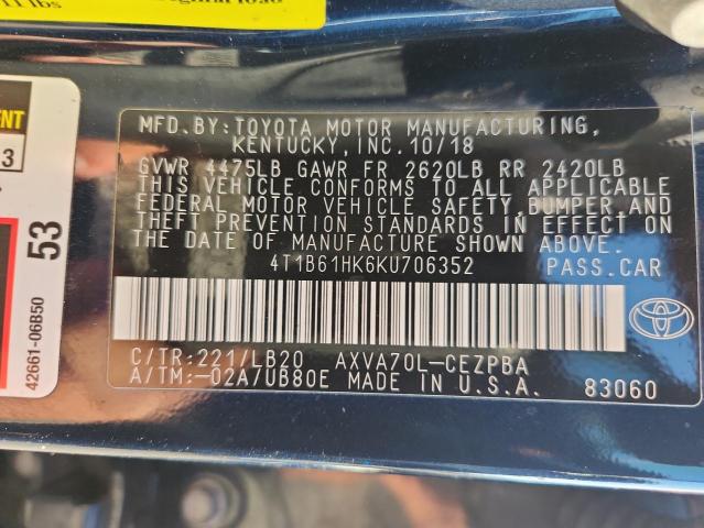 4T1B61HK6KU706352 - 2019 TOYOTA CAMRY XSE TEAL photo 12