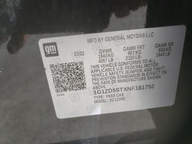 1G1ZD5STXNF181752 - 2022 CHEVROLET MALIBU LT BLACK photo 12