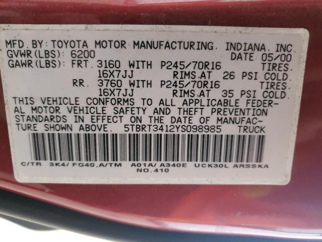 5TBRT3412YS098985 - 2000 TOYOTA TUNDRA ACCESS CAB წითელი ფოტო 12