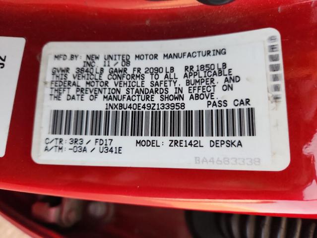 1NXBU40E49Z133958 - 2009 TOYOTA COROLLA BASE წითელი ფოტო 12