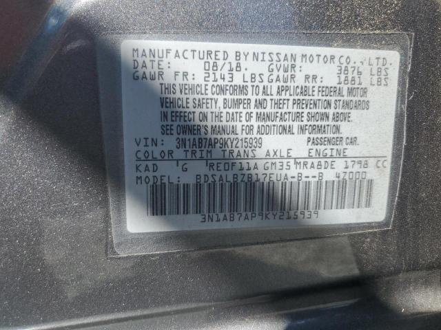 3N1AB7AP9KY215939 - 2019 NISSAN SENTRA S GRAY photo 12