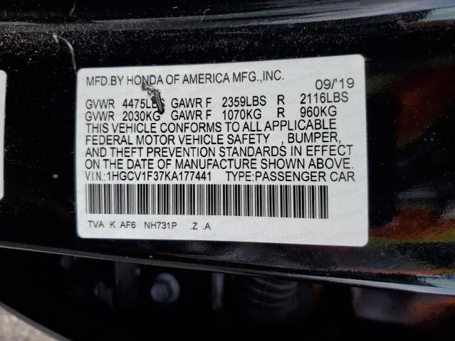 1HGCV1F37KA177441 - 2019 HONDA ACCORD SPORT Czarny zdjęcie 12