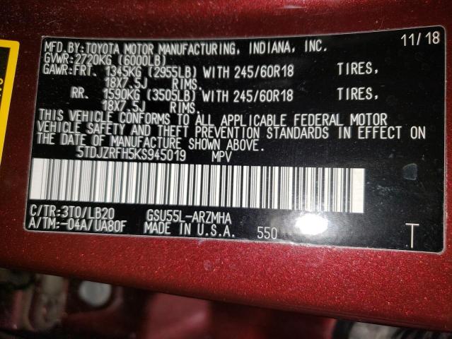 5TDJZRFH5KS945019 - 2019 TOYOTA HIGHLANDER SE ბურგუნდია ფოტო 13