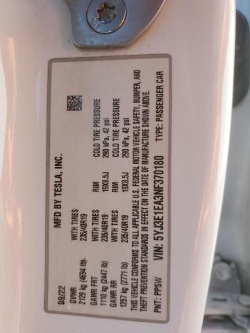 5YJ3E1EA3NF370180 - 2022 TESLA MODEL 3 WHITE photo 13