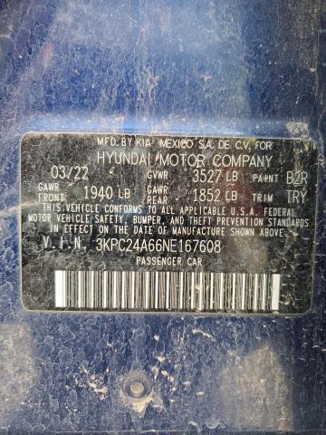 3KPC24A66NE167608 - 2022 HYUNDAI ACCENT SE BLUE photo 12
