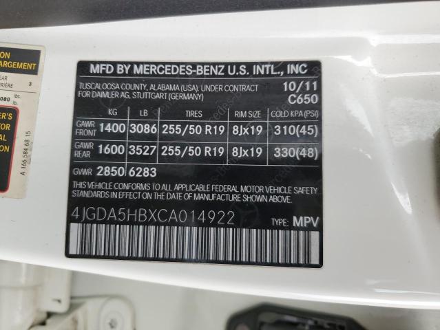 4JGDA5HBXCA014922 - 2012 MERCEDES-BENZ ML 350 4MATIC WHITE photo 13