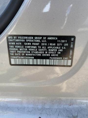 1VWAP7A36CC028466 - 2012 VOLKSWAGEN PASSAT S SILVER photo 12