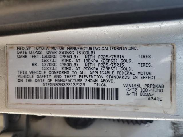 5TEGN92N32Z122125 - 2002 TOYOTA TACOMA DOUBLE CAB PRERUNNER SILVER photo 13
