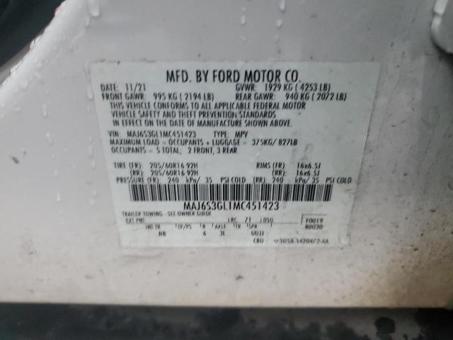 MAJ6S3GL1MC451423 - 2021 FORD ECOSPORT SE თეთრი ფოტო 13