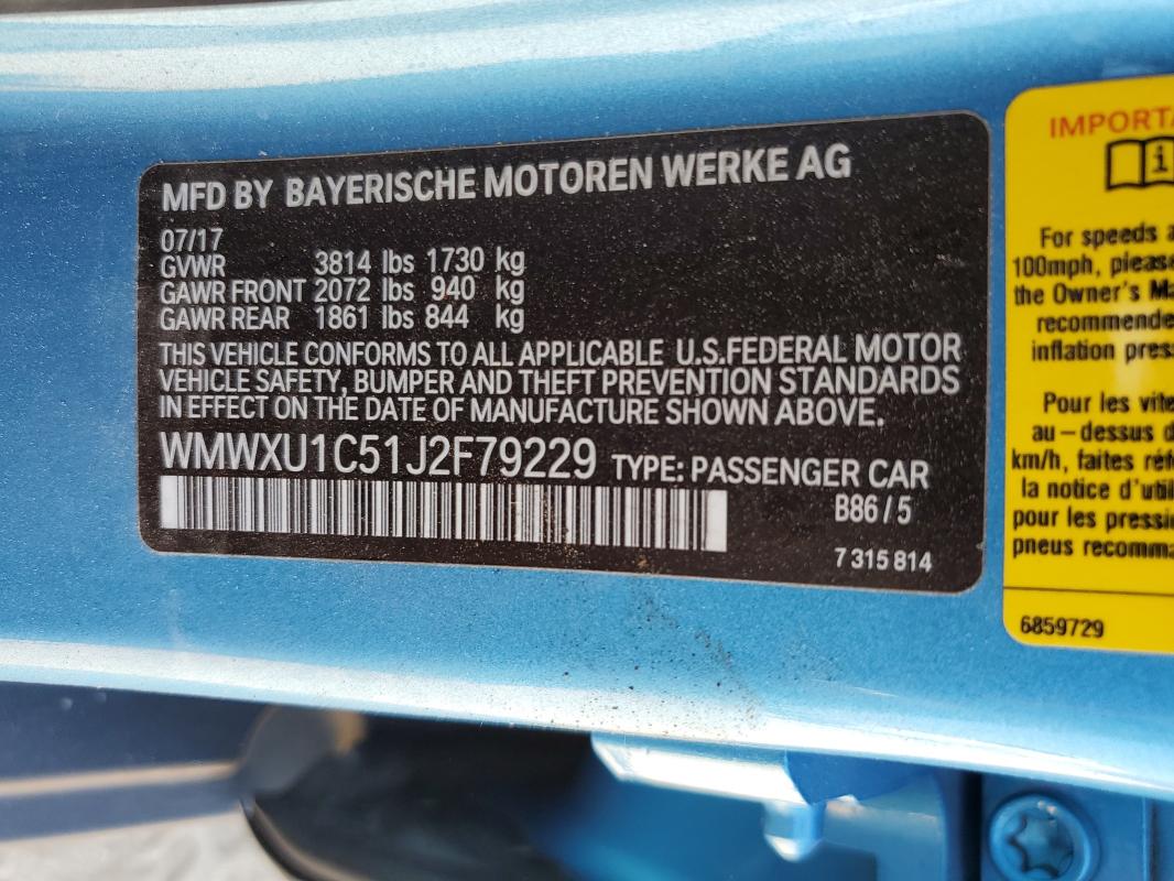 WMWXU1C51J2F79229 - 2018 MINI COOPER BLUE photo 13