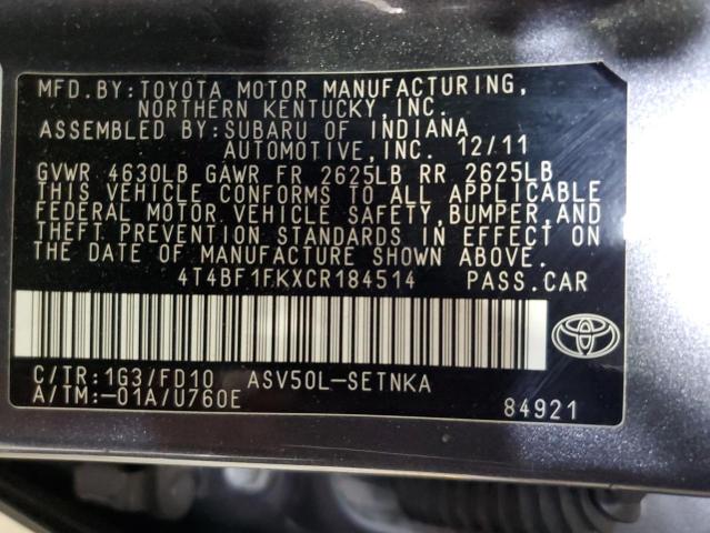 4T4BF1FKXCR184514 - 2012 TOYOTA CAMRY BASE GRAY photo 12