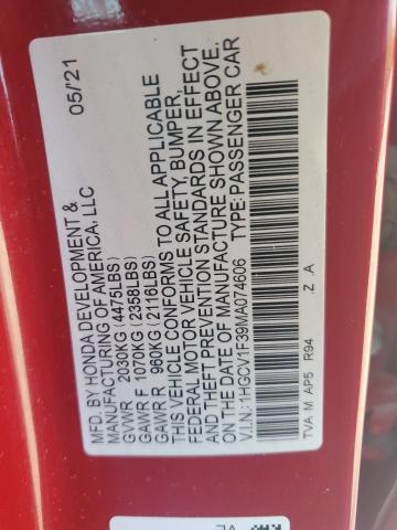 1HGCV1F39MA074606 - 2021 HONDA ACCORD SPORT წითელი ფოტო 12