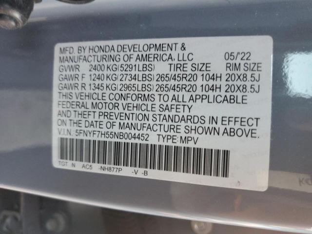5FNYF7H55NB004452 - 2022 HONDA PASSPORT EXL GRAY photo 13