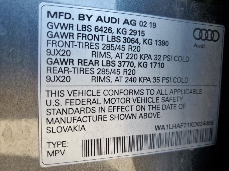 WA1LHAF71KD034485 - 2019 AUDI Q7 PREMIUM PLUS Szary zdjęcie 13