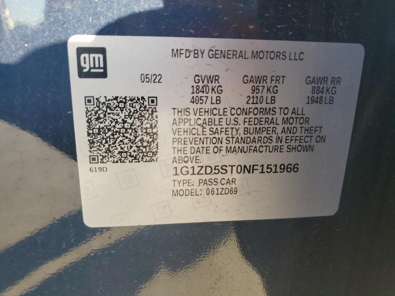 1G1ZD5ST0NF151966 - 2022 CHEVROLET MALIBU LT BLUE photo 12