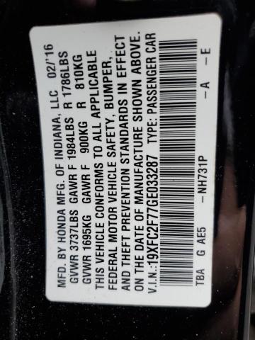 19XFC2F77GE033287 - 2016 HONDA CIVIC EX BLACK photo 12