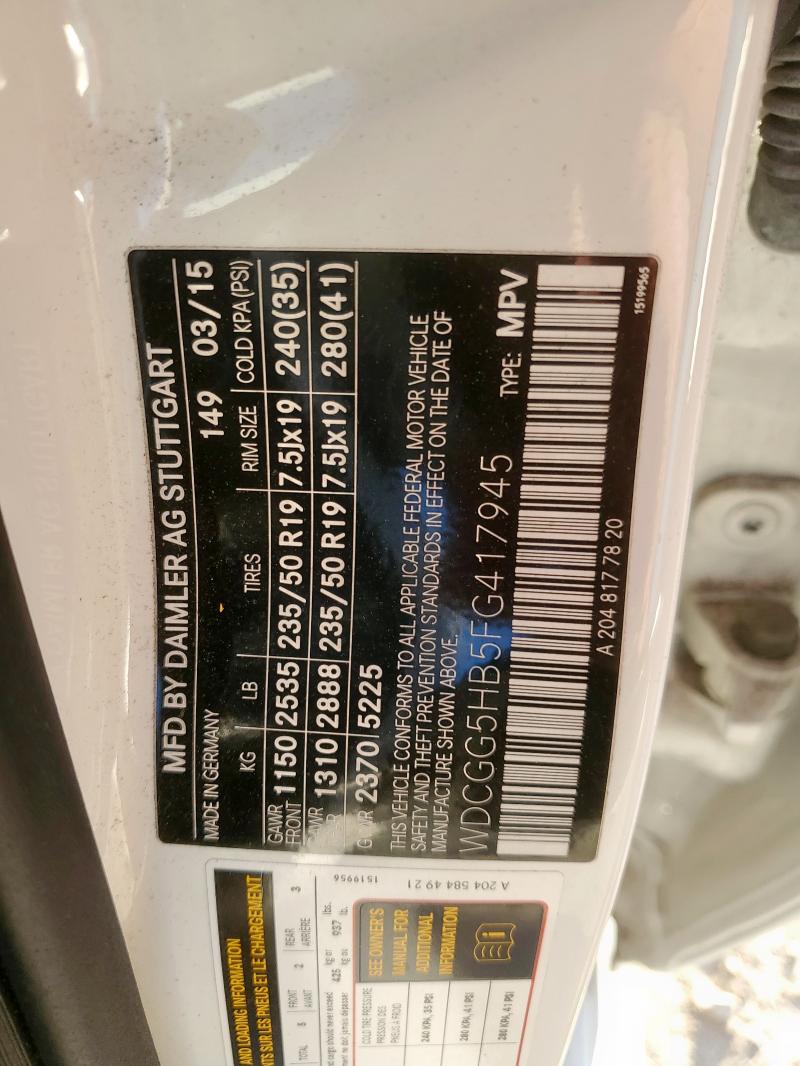 WDCGG5HB5FG417945 - 2015 MERCEDES-BENZ GLK 350 WHITE photo 14