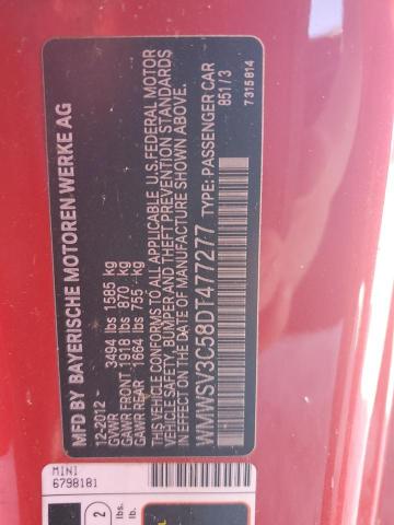 WMWSV3C58DT477277 - 2013 MINI COOPER S წითელი ფოტო 12