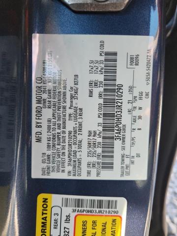 3FA6P0HD3JR210290 - 2018 FORD FUSION SE ლურჯი ფოტო 12