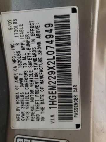 1HGEM229X2L074949 - 2002 HONDA CIVIC EX GOLD photo 12