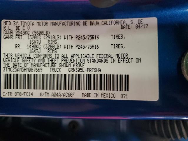 3TMCZ5AN5HM087669 - 2017 TOYT TACOMA DOUBLE CAB BLUE photo 12