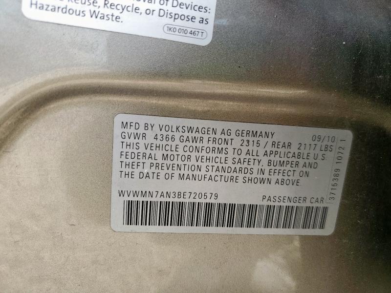 WVWMN7AN3BE720579 - 2011 VOLKSWAGEN CC SPORT GOLD photo 12