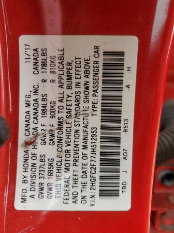 2HGFC2F77JH512953 - 2018 HONDA CIVIC EX RED photo 12