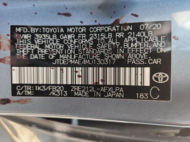 JTDEPMAE4MJ130317 - 2021 TOYOTA COROLLA LE BLUE photo 12