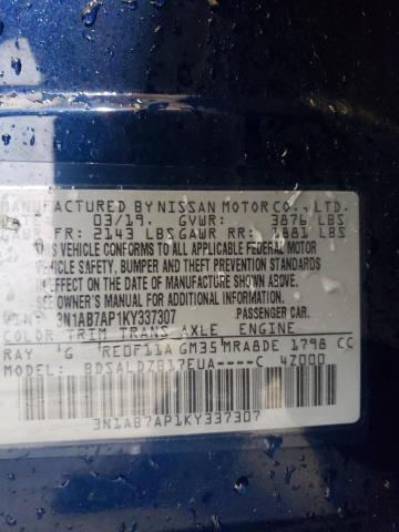 3N1AB7AP1KY337307 - 2019 NISSAN SENTRA S BLUE photo 12