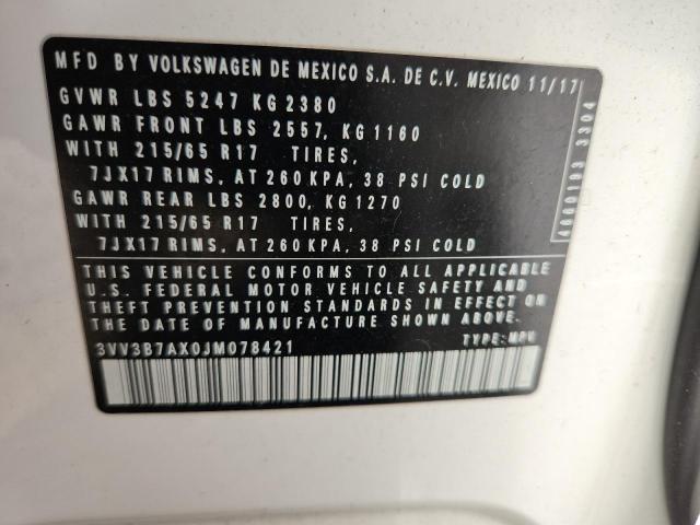 3VV3B7AX0JM078421 - 2018 VOLKSWAGEN TIGUAN SE თეთრი ფოტო 14