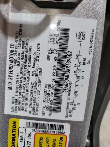 3FA6P0MU3KR139602 - 2019 FORD FUSION SEL Сріблястий фото 13