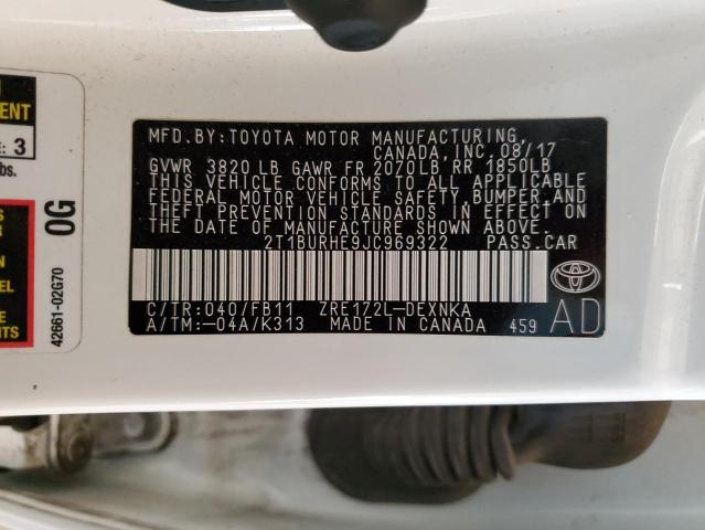 2T1BURHE9JC969322 - 2018 TOYOTA COROLLA L WHITE photo 12