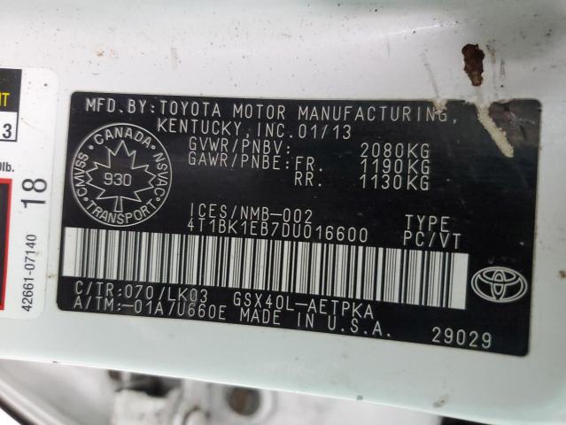 4T1BK1EB7DU016600 - 2013 TOYOTA AVALON BASE 白色 照片 12