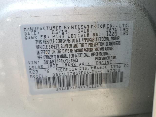 3N1AB7AP4KY361343 - 2019 NISSAN SENTRA S SILVER photo 12