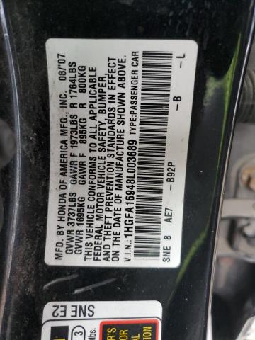 1HGFA16948L003689 - 2008 HONDA CIVIC EXL BLACK photo 12