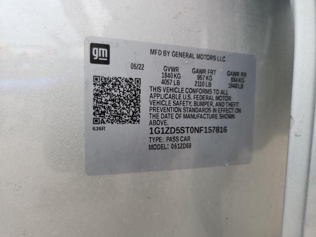 1G1ZD5ST0NF157816 - 2022 CHEVROLET MALIBU LT SILVER photo 12